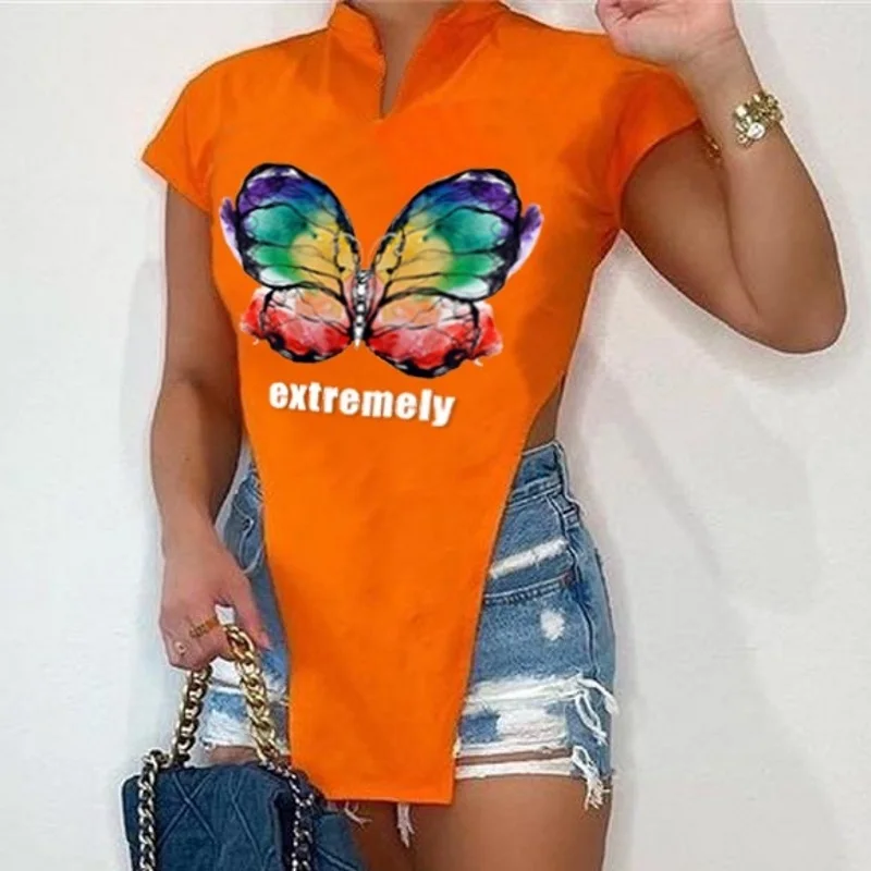 

2022 Lady Fashion Street Style Buttons Up Shirt Tops Sexy Summer Women Sleeveless Deep V Neck Print Irregular Hem Loose Blouse