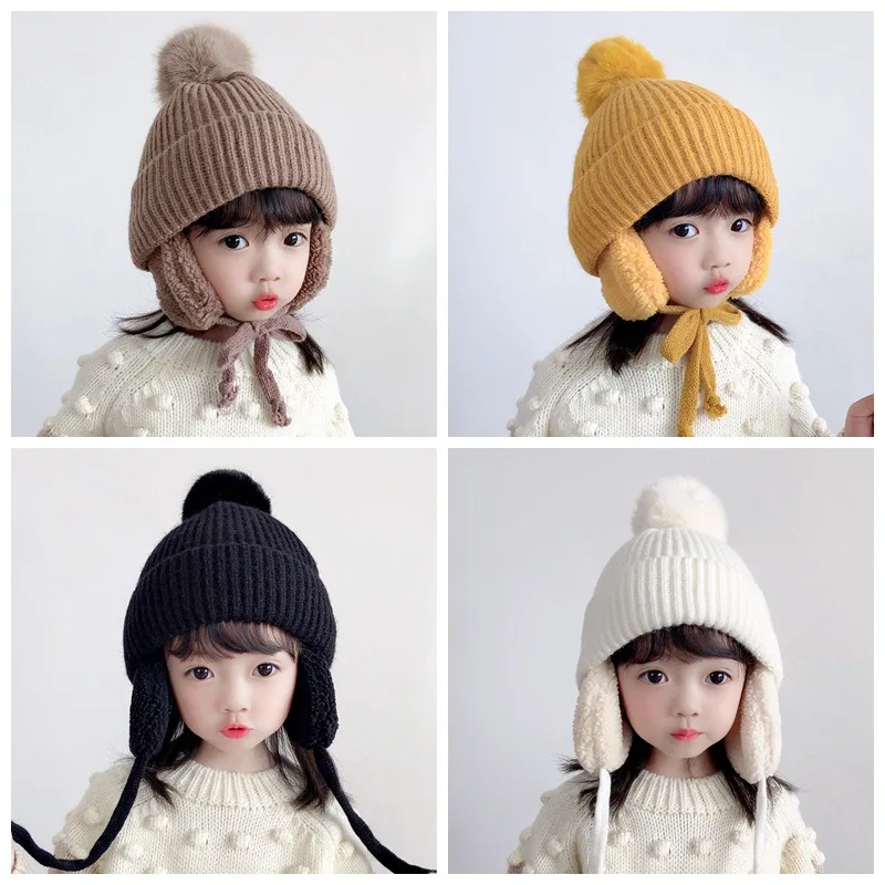 

Winter Hat for Kids Baby Boys Girls Warm Head Earmuffs Cap Solid Color Stripe Knit Plush Thick Warm Winter Hat for 2-6 Years Old