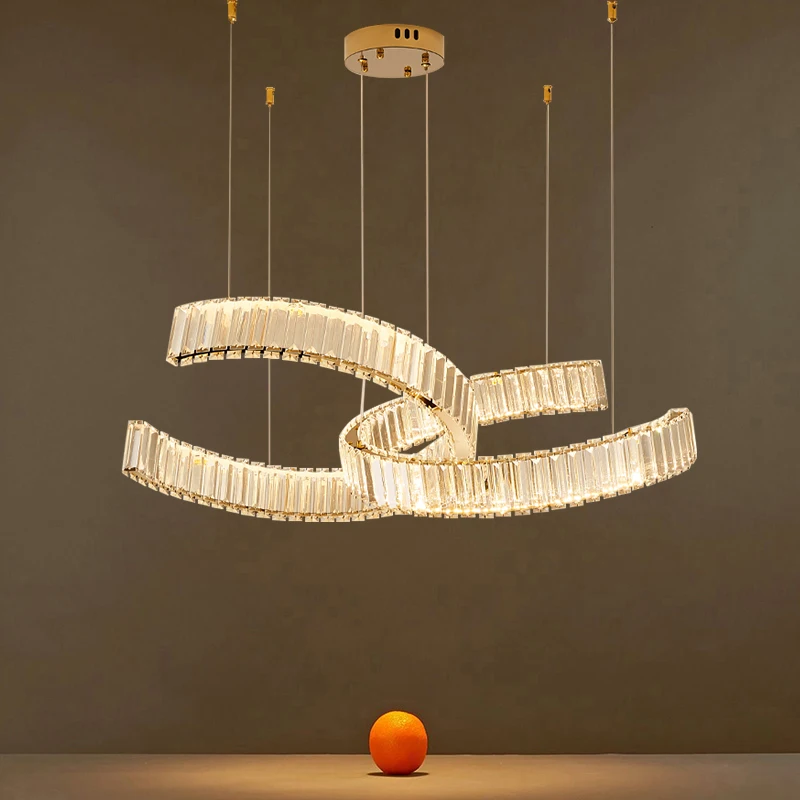 

Round Stainless Steel Crystal Chandelier Modern Living Room Kitchen Island Hanging Lamp Creative C-Shaped Dining Room Chandelier