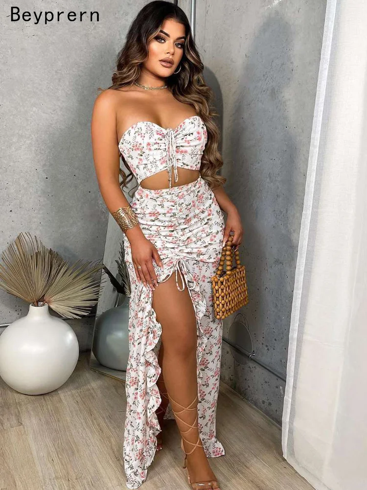 

Beyprern Bohemian Off Shoulder Floral Print Smocked Ruffle Maxi Skirt Two-Piece Set Summer Tied Vacation Outfits Beach Dresses