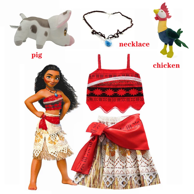 

Kids Girls Clothes Cosplay Princess Dress Moana Children disfraz vaiana niña Party Costume with Necklace Pet Pig Chick Girl Set