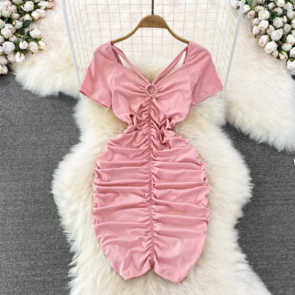 

Summer New Short-sleeve V-neck Sexy Pink Dress Women Pleated Bodycon Hip Wrap Mini Short Pink Dress Cute Girls Kawaii Pink Dress