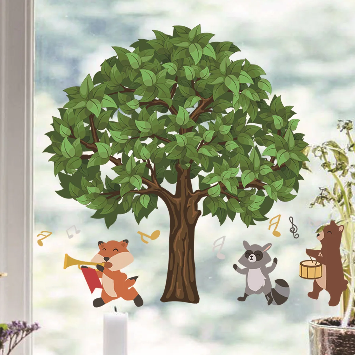 

Big tree animal note cartoon wallpaper electrostatic paste glass paste window double-sided visual decoration wall paste