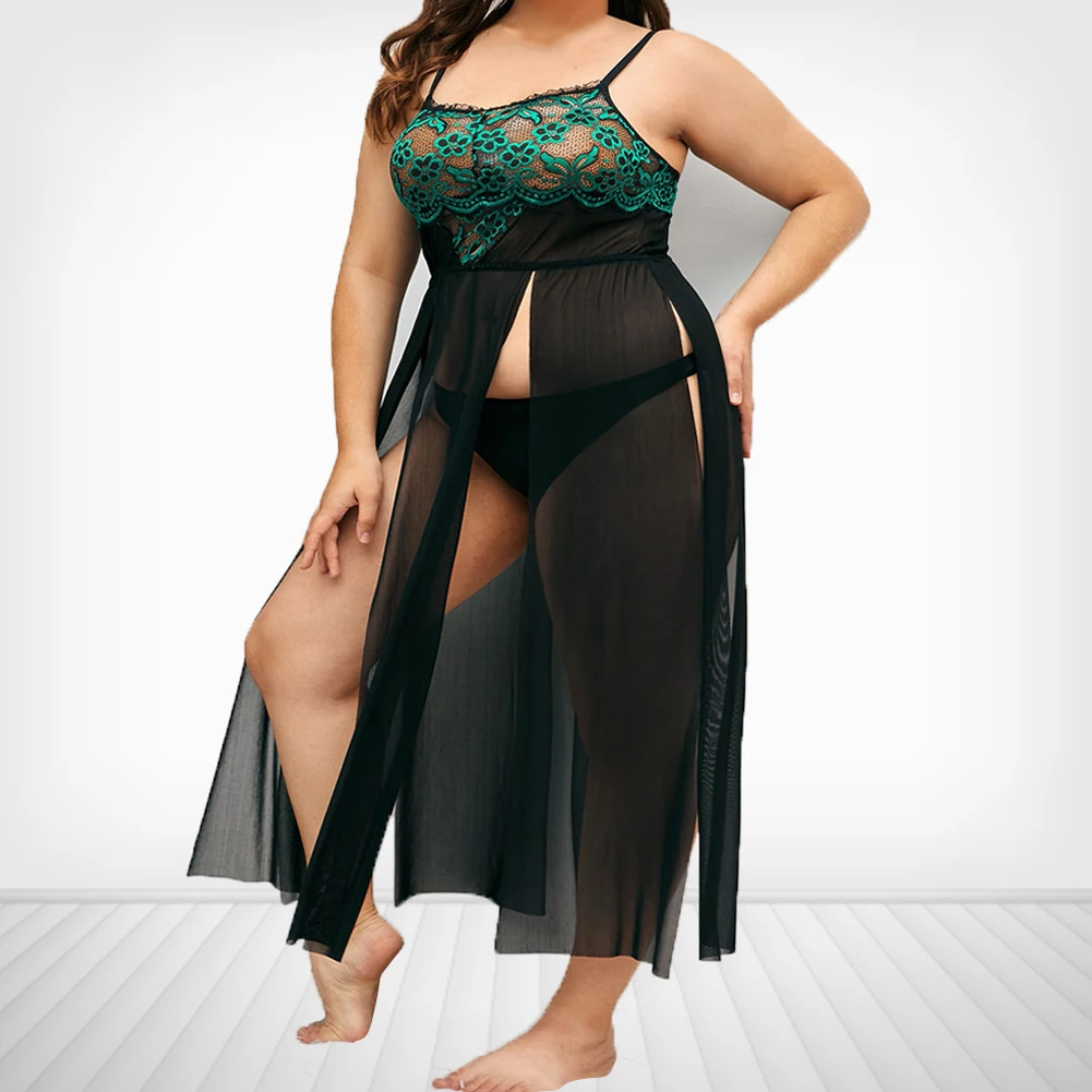 

Plus Size Women Sexy Lingerie Slit Dress Nightwear Sleepwear Mesh See Through Suspenders Underwear Nightdress XL- 4XL