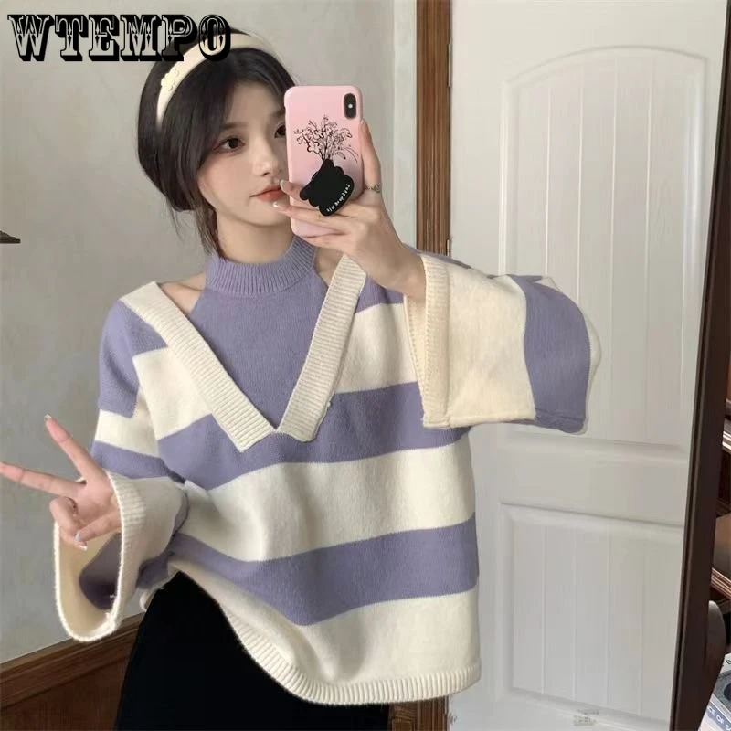 

Design Halter Pullovers Women Sweater Ulzzang Fake Two Piece Striped Sweet Schoolgirl Lovely Baggy Свитер Женский Gentle Clothes