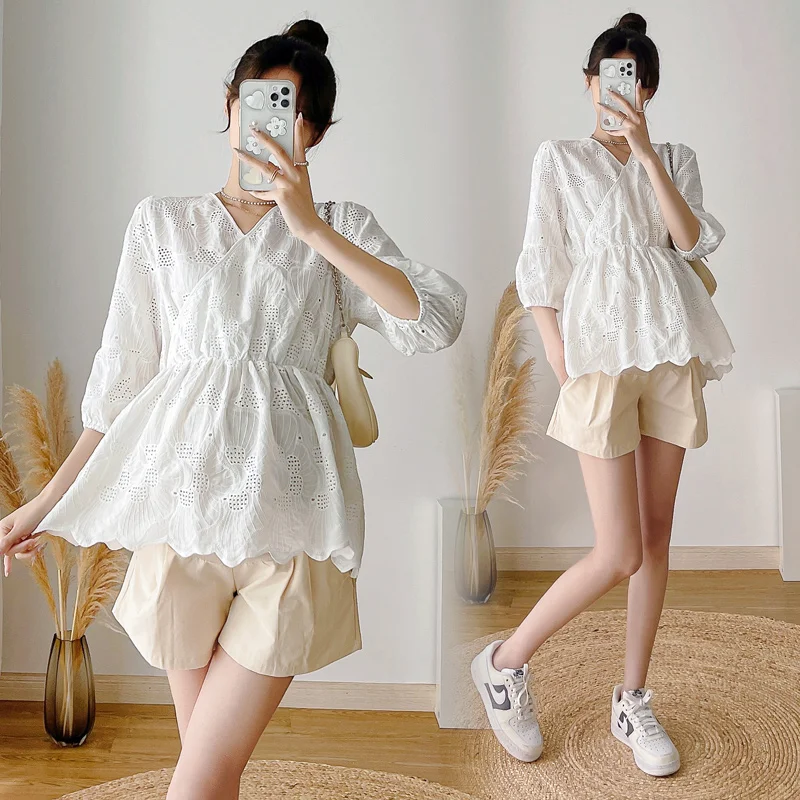 

6712# Summer Fashion Embroidery Cotton Maternity Blouse Across V Neck A Line Shirt Clothes for Pregnant Women Pregnancy Tops