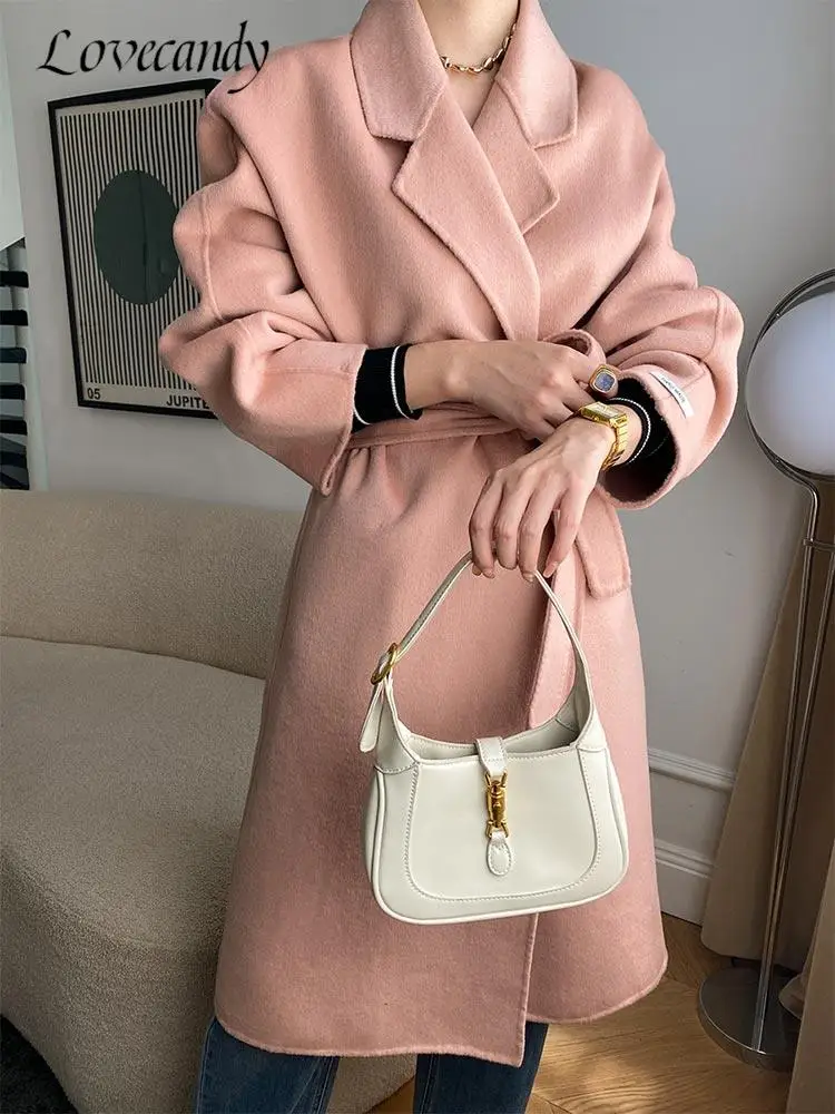 

Elegant Belt Solid Woolen Coat Women Long Sleeve Lapel Long Coats Jacket 2022 Autumn Winter Thick Warm Loose Fashion OutCoats