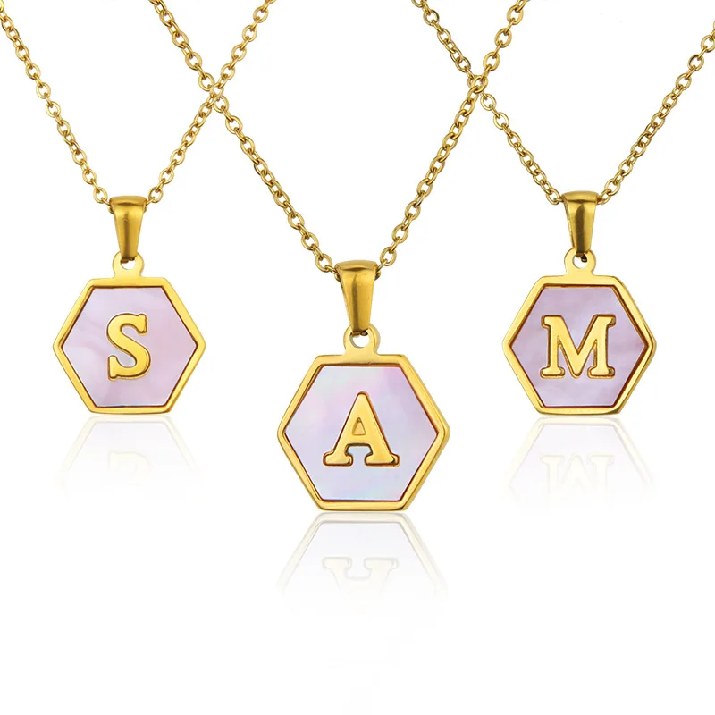 

GD 18K Stainless Steel Hexagon Pink Shell Initial 26 Alphabet Necklace Gold Plated Letter Pendant Necklace for Women Jewelry