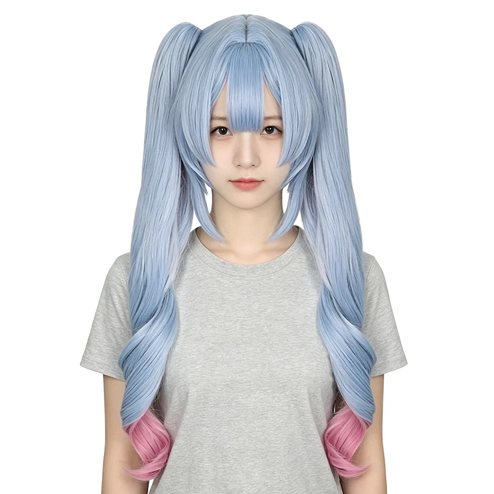Фото Парик для косплея Anime Miku Rabbit Hole, небесно-голубой с розовым омбре, с двумя отстегивающимися хвостиками, длинные волнистые термостойкие синтетические волосы №1