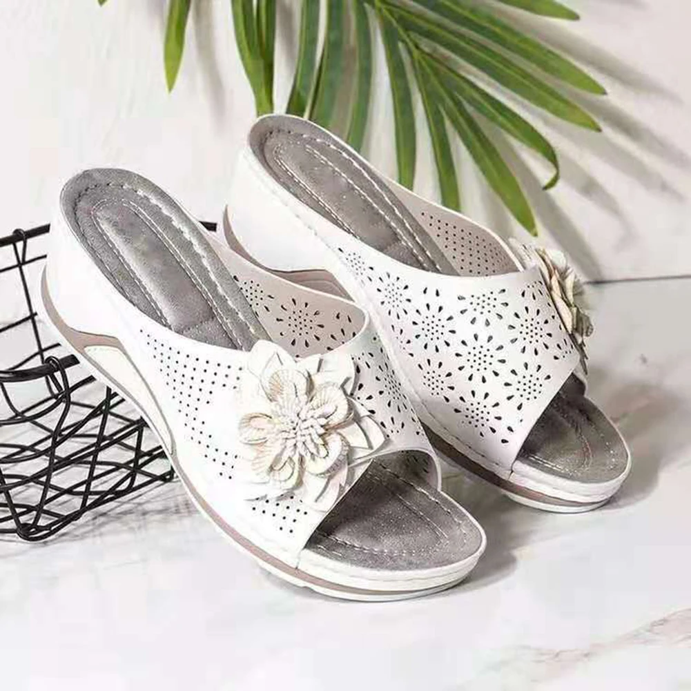 

Soft Insole Wedge Floral Sandals Fish Mouth Open Toe Beach Slippers Comfortable Women's Plus Size Stitched Hollow Casual Sandals