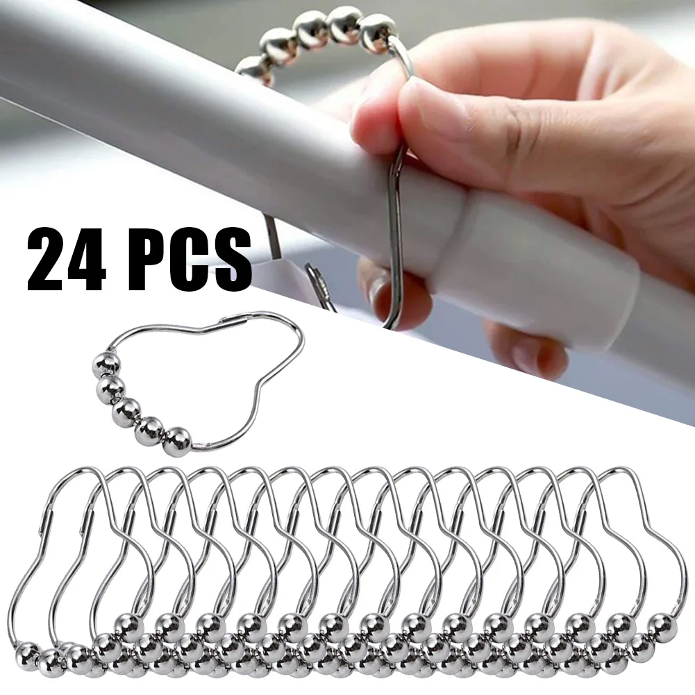 

24pcs Stainless Steel Curtain Hook Bath Curtain Rollerball Shower Curtain Rings Hook Polished Satin Ball Curtain Accessories