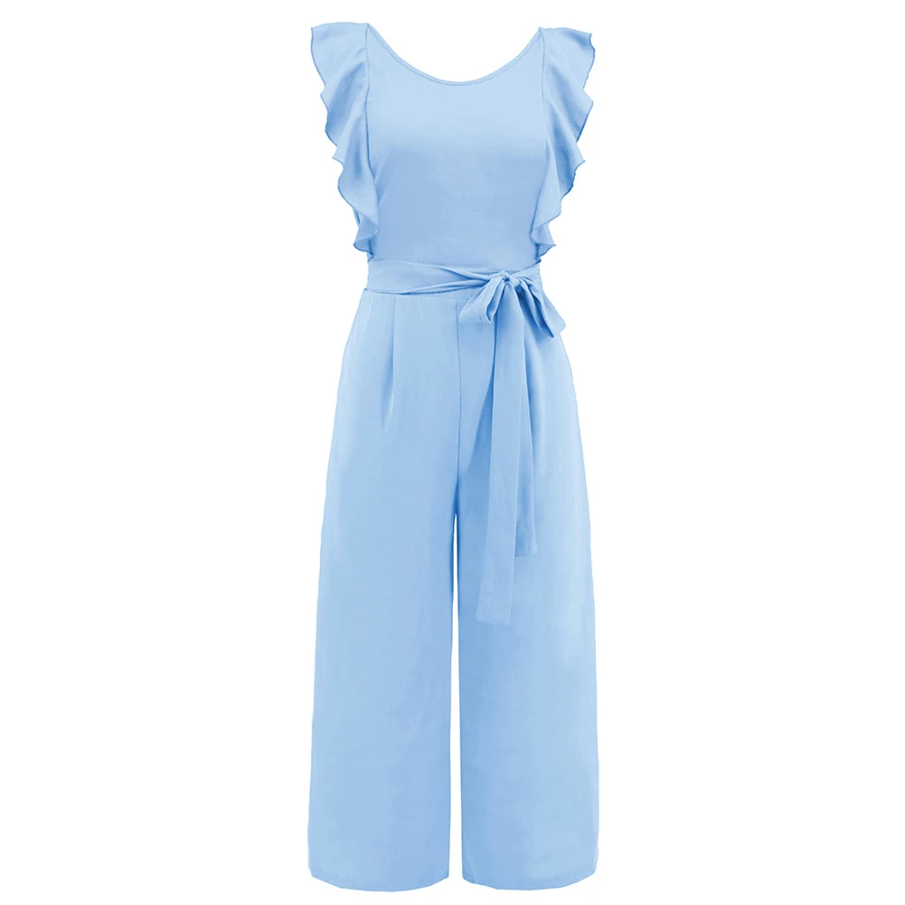 Women Jumpsuits Crew Neck Ruffle Cap   Sleeve Belted Wide Leg Romper With Pockets