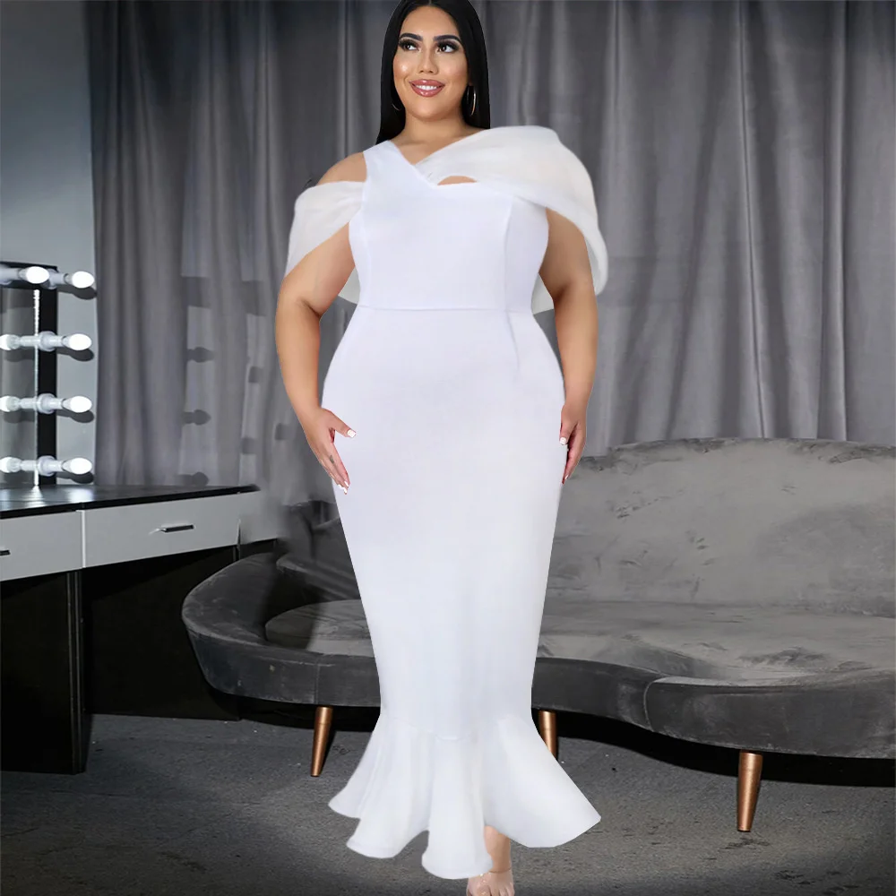 

Plus Size Dress Pure White Evening Dress, Large Size, Creative, Hanging Shoulder And Waist, Banquet Heroine Fishtail Dress