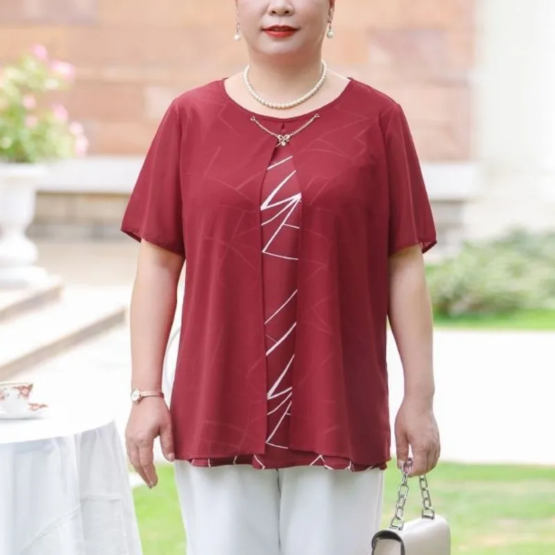 Женская шифоновая рубашка с коротким рукавом и круглым вырезом свободного
