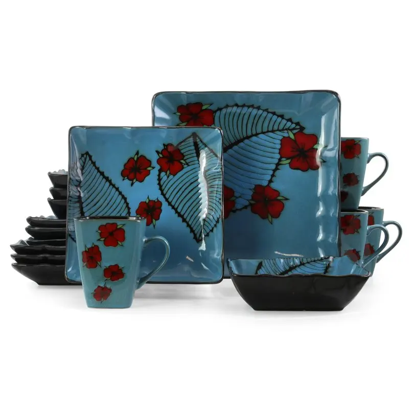 

Набор квадратной посуды из керамики Aloha Tide, 16 предметов, синий и цветочный кухонный набор аксессуаров, набор посуды, сервис