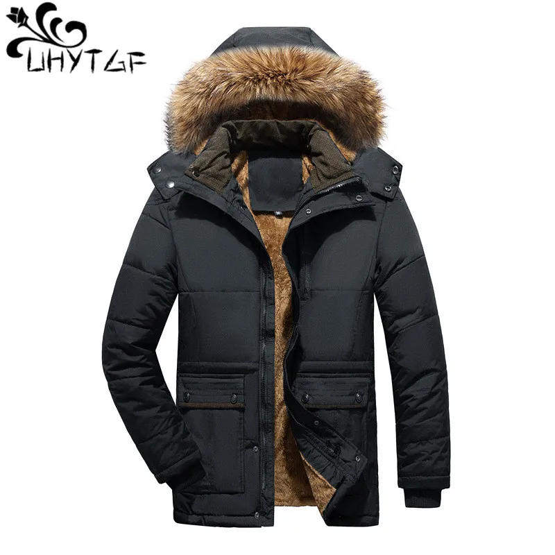 UHYTGF 5XL Fashion Youth Parkas Jacket For Men Fur Collar Hooded Cold Proof Winter Coat Male Casual Warm Men Cotton Overcoat 198