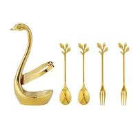stainless steel dinnerware set swan base holder with forks and spoons for coffee fruit dessert stir cake gold