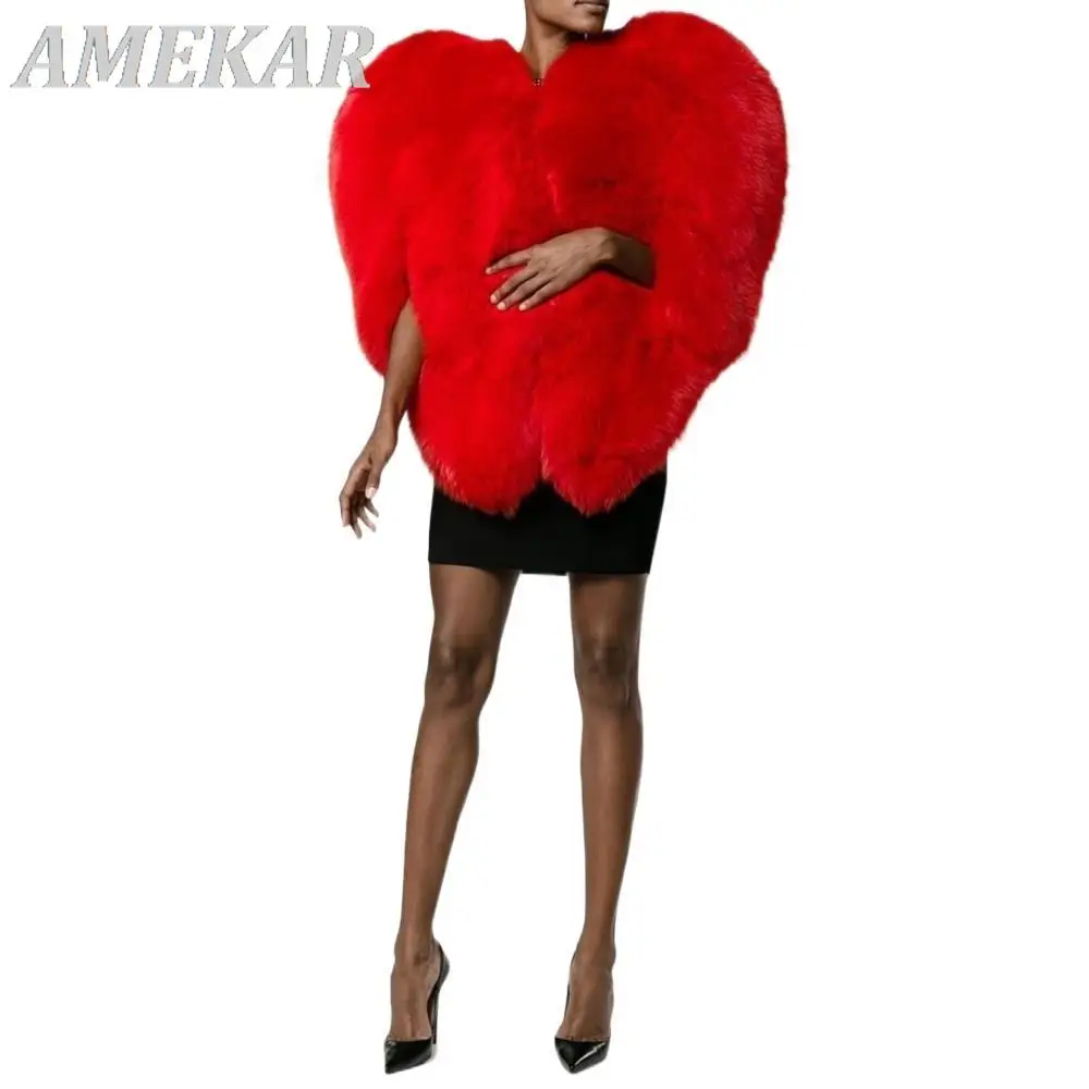 Women's New Winter Red Heart Pattern Real Fur Coat Personality Designer O Collar Sleeveless Exaggerated Ladies Coat Fashion Tide
