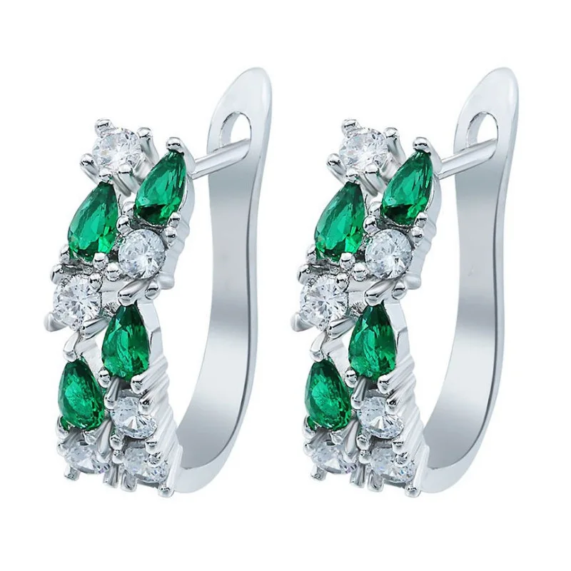 

FONECT Korean Version of Exquisite Fashion Embedded Diamond Green Pink Color Geometric Ear Buckle Pendant Silver Color Earrings