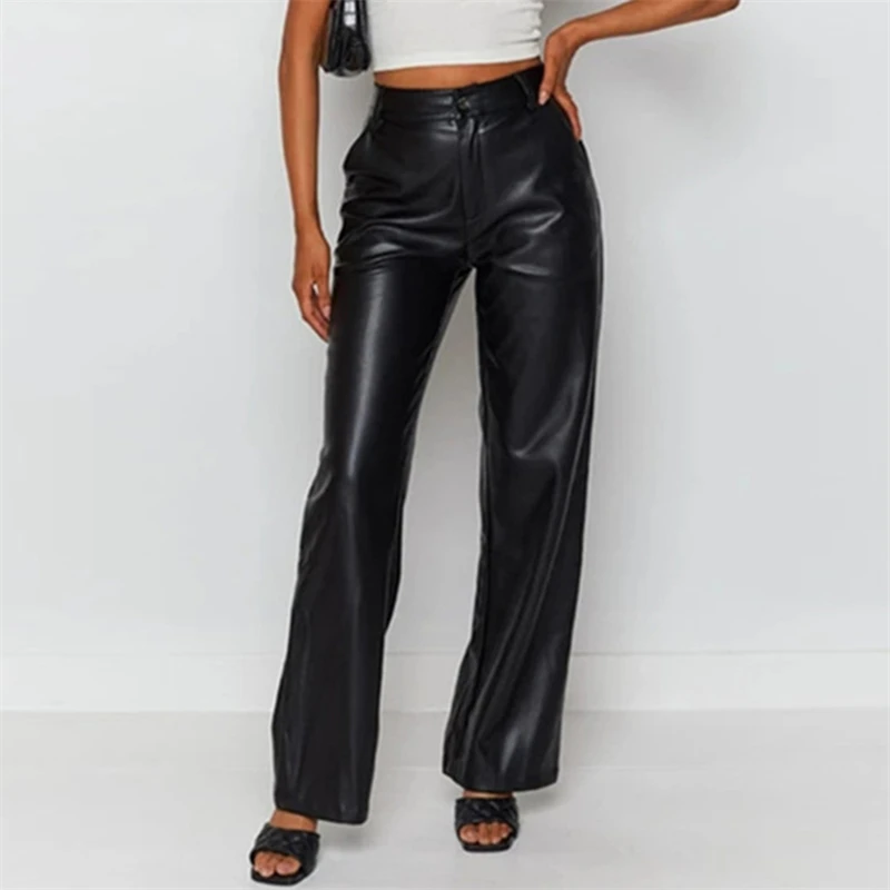 

Women PU Leather Loose Trousers Solid Color Elastic High Waist Straight Wide Leg Pants With Pockets Vintage Streetwear 2023