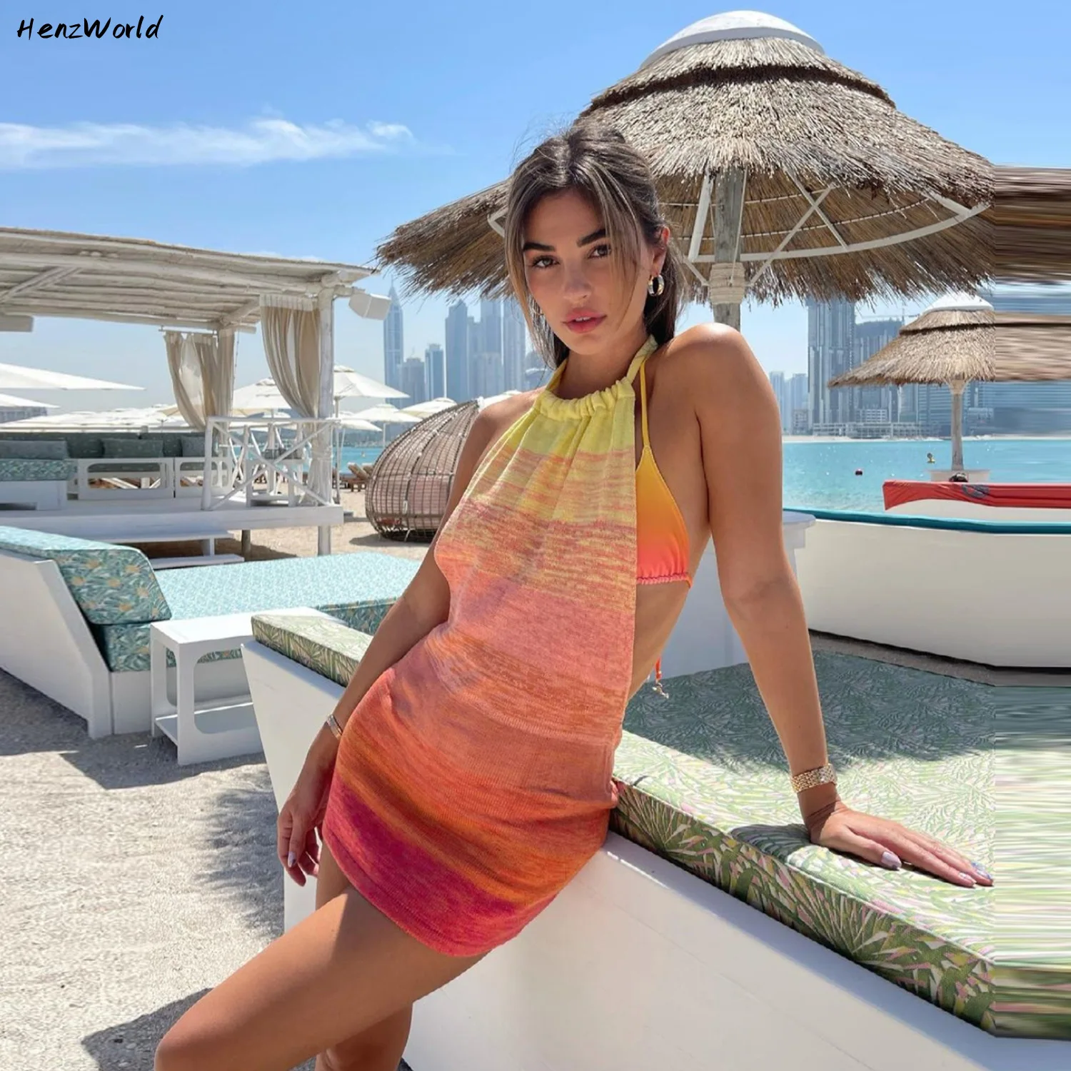 

HenzWorld Summer Halter Sexy Backless Mini Dresses Bodycon Club Party Sleeveless Knitting Dress Streetwear Beachwear Holiday