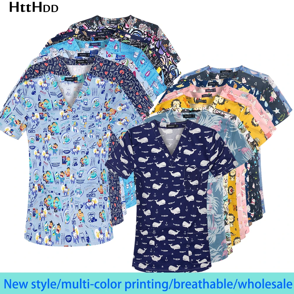 100% Cotton Printing Nurse Medical Operating Room Doctor Nursing Uniform Cleaning Protective Clothing Tops Scrubs Short-sleeved