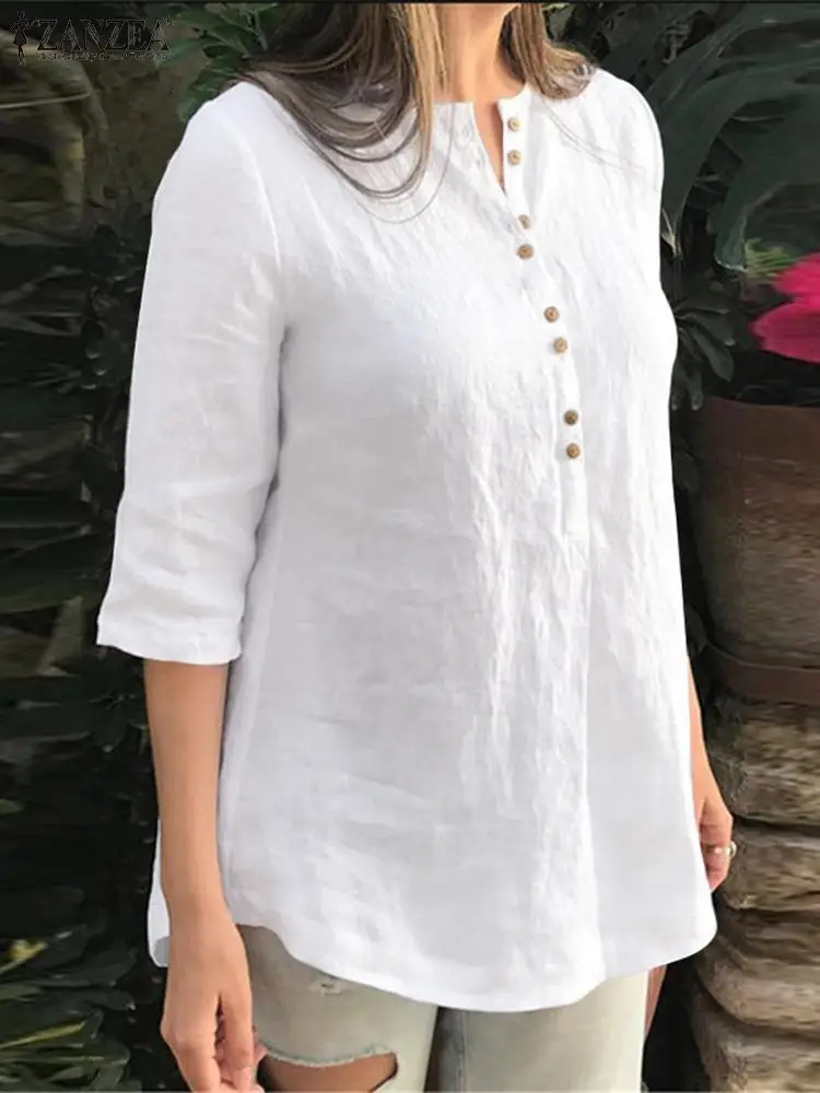 

Винтажные женские летние блузки ZANZEA 2022, однотонные рубашки, повседневные рабочие блузы с рукавом 3/4, Женская туника на пуговицах с круглым в...