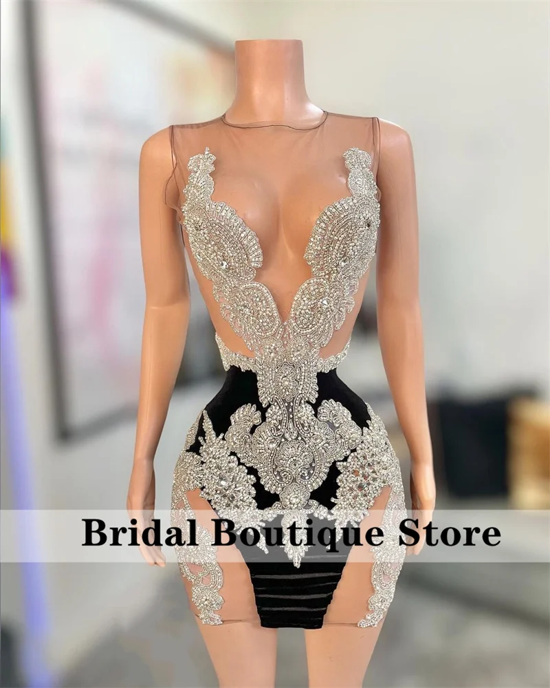 

Sexy Short Prom Dress For Black Girls 2022 Sheer Neck Beaded Rhinestone Aso Ebi Party Mini Cocktail Homecoming Dress Robe De Bal