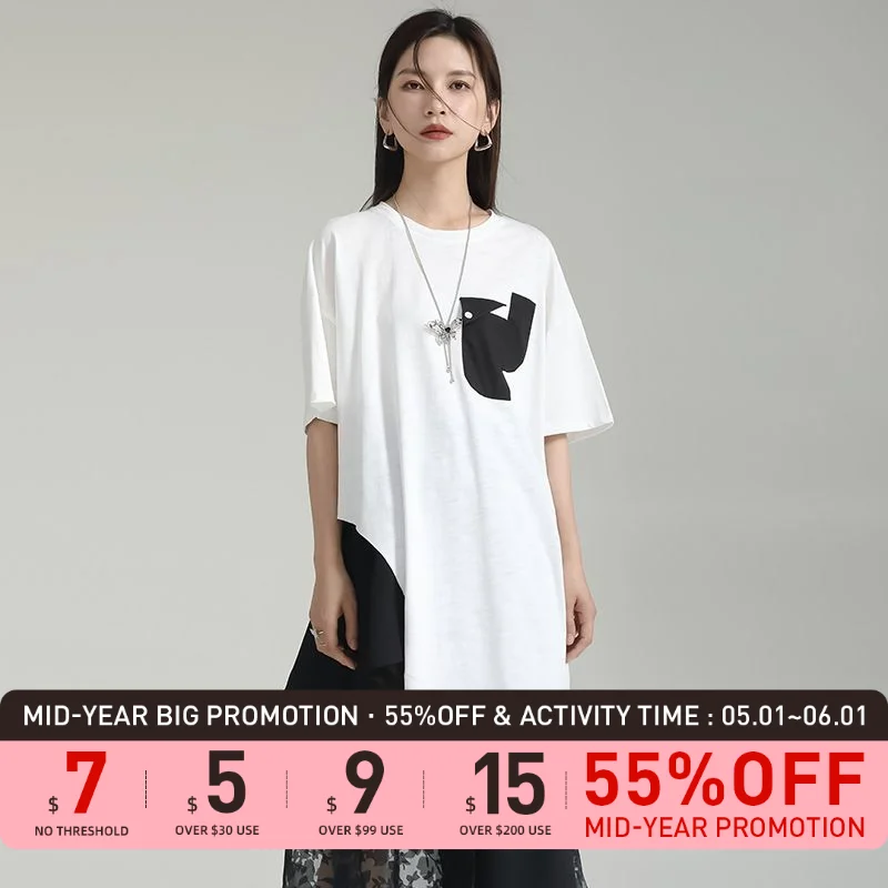 

Leorlax Original design 2023Summer wear Japanese round neck T-shirt loose short sleeve women's contrast color mid-length top