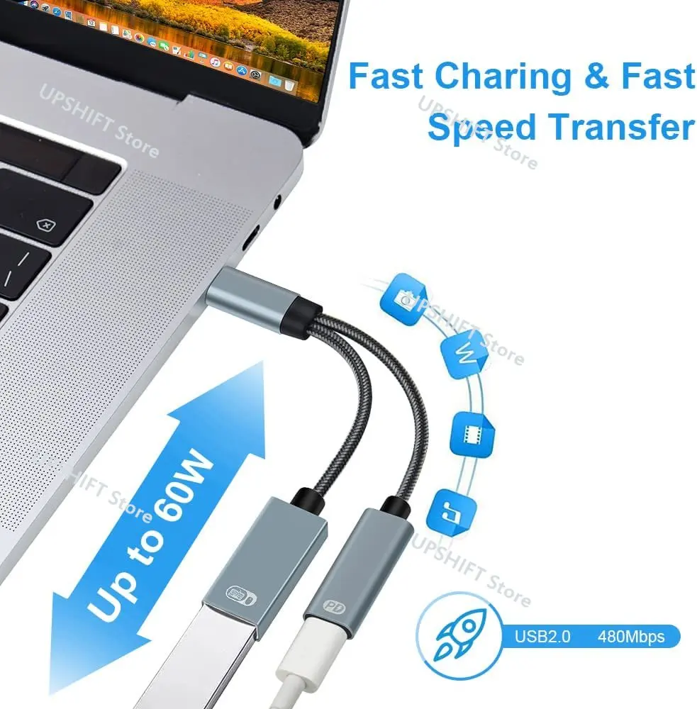 USB C OTG Adapter,2 in 1 USB-C Splitter with PD 60W Fast Charging Type C OTG and USB A Female Port MacBook Pro/Air/Huawei iPad