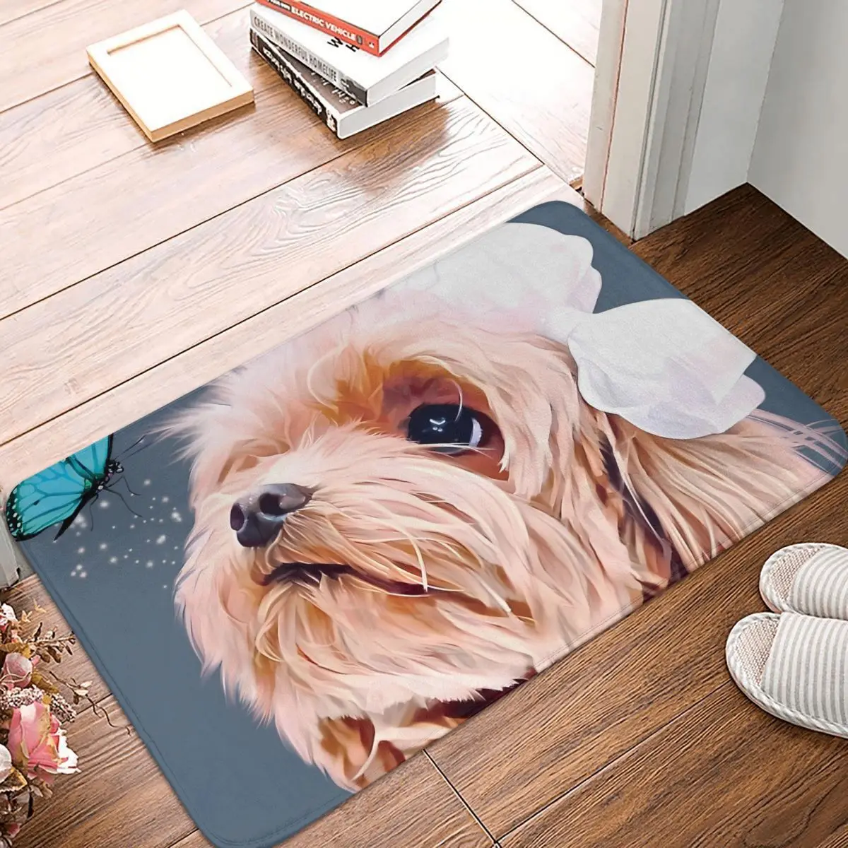 

Butterfly Flying To A Pretty Maltipu Puppy Like A Flower Non-slip Doormat Carpet Living Room Kitchen Mat Outdoor Flannel Modern