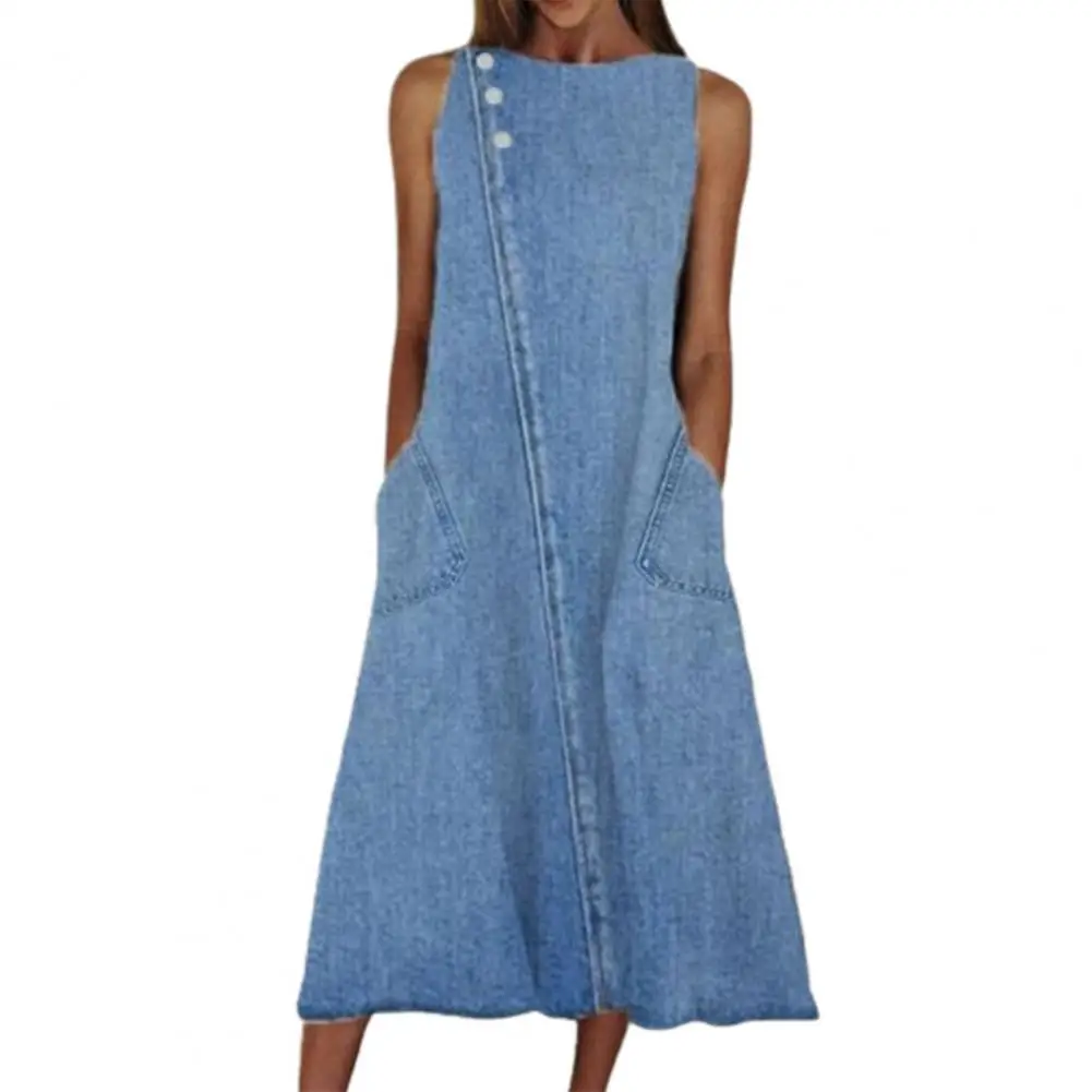 

Popular Summer Dress Skin-Touch Denim Dress O-neck Solid Color Women Midi Denim Dress Soft Texture
