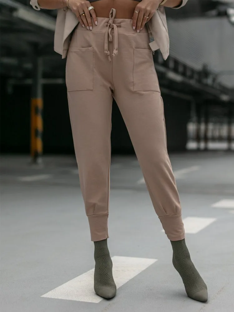 

Women New Summer Thin Section Commuter Trousers Office Retro Solid Nine Points Knitted Trousers Fashion Lace High Waist Pants