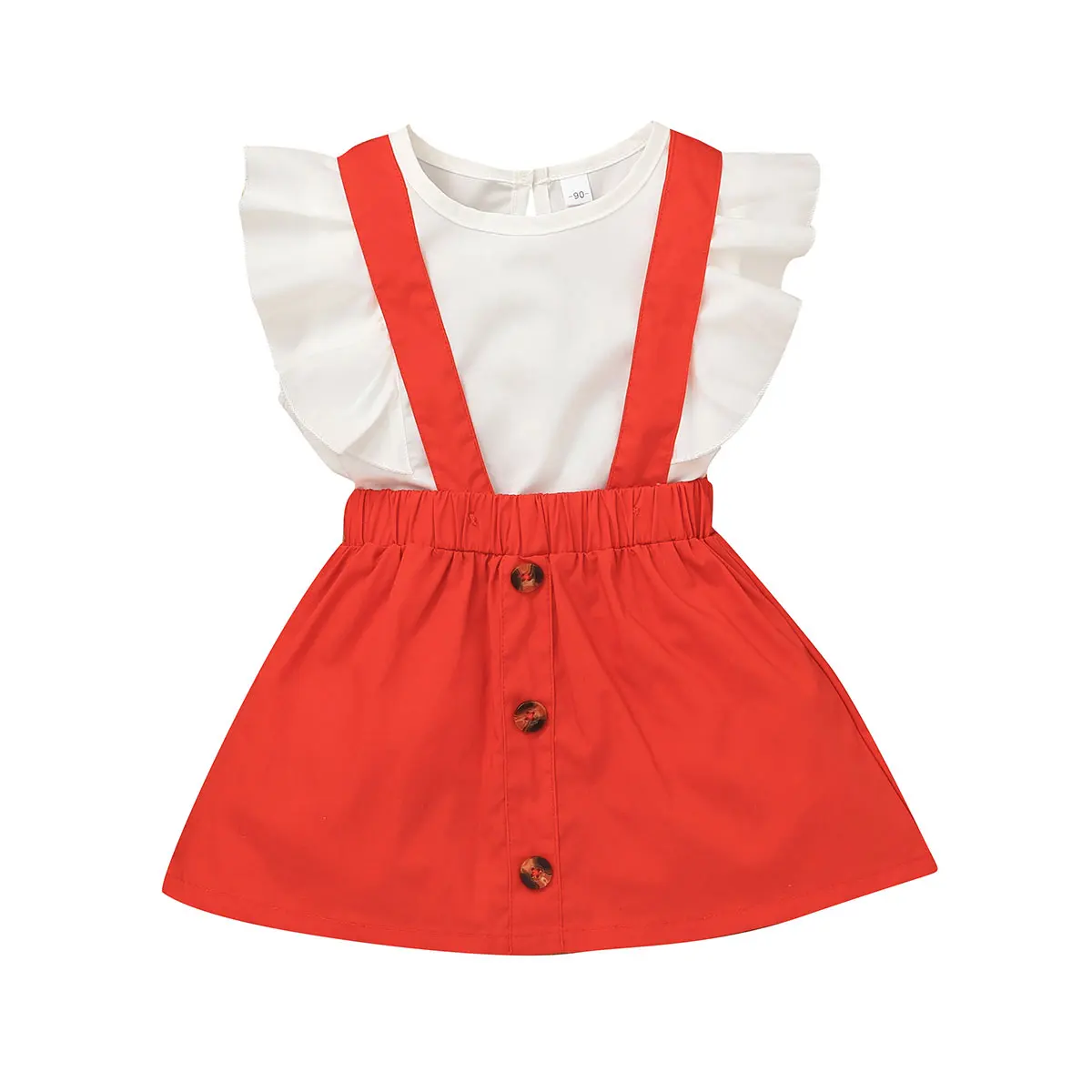 

Girls Clothes Sets 2pcs Ruffle Fly Sleeve T-Shirt +Buttoned Suspender Skirt Suits Toddler Sleevess Tops Strap Skirt Costumes