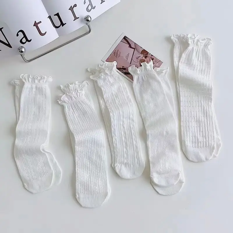 JK Harajuku Lolita Women's Short White Socks White Fungus Edge Mesh Thin Japanese Sweet Girl Middle Tube