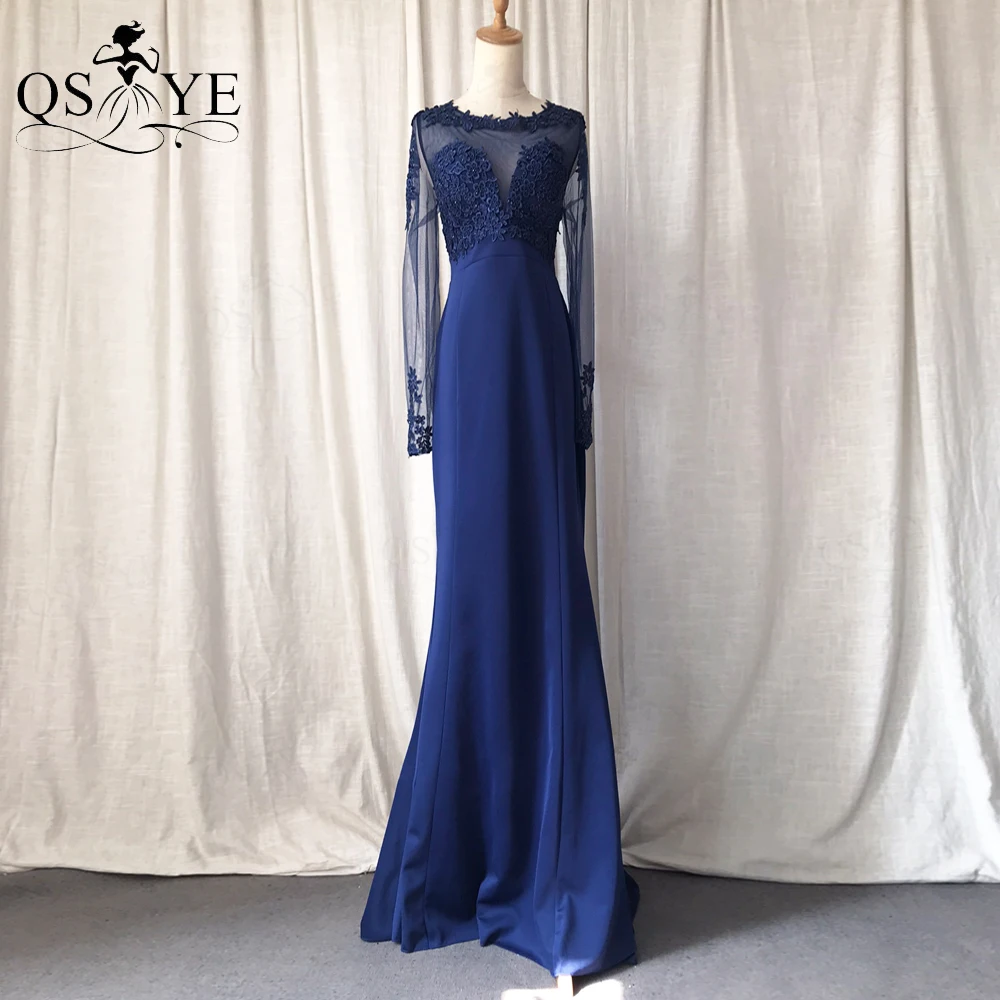 

Long Sleeves Navy Prom Dresses Mermaid Long Empire Stretchy Women Appliques Lace Formal Party Gown Scoop Neck Blue Evening Dress