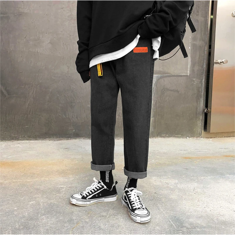 

Men Jeans Ankle Length Letter Printed Solid Plus Size 3XL Fashion Loose Leisure Male Korean Style Trousers Teen Ins Harajuku New