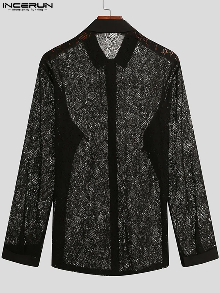 INCERUN Tops 2022 Men's Mesh Shirt Lace Lapel Long Sleeve See Through Button Sexy Party Nightclub Shirts Streetwear Camisa S-5XL