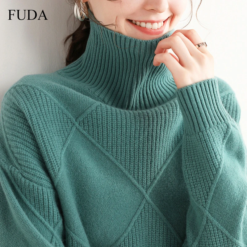 

Женский Теплый вязаный свитер FUDA, Свободный пуловер с высоким воротником из чистой шерсти, толстый джемпер в Корейском стиле, Осень-зима 2022