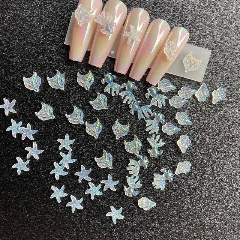 

50pcs Summer Polar Light Resin Nail Charm(Fox;Starfish;Conch;Shell)Aurora Manicure DIY 3D Decoration For Sand-Beach Nails Supply