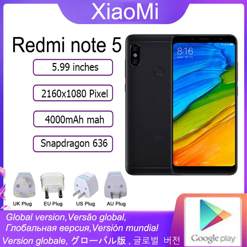 Xiaomi Redmi note 5 Smartphone Snapdragon 636 2160*1080 5.99 inç tam ekran 13.0MP kamera parmak izi/Yüz tanıma