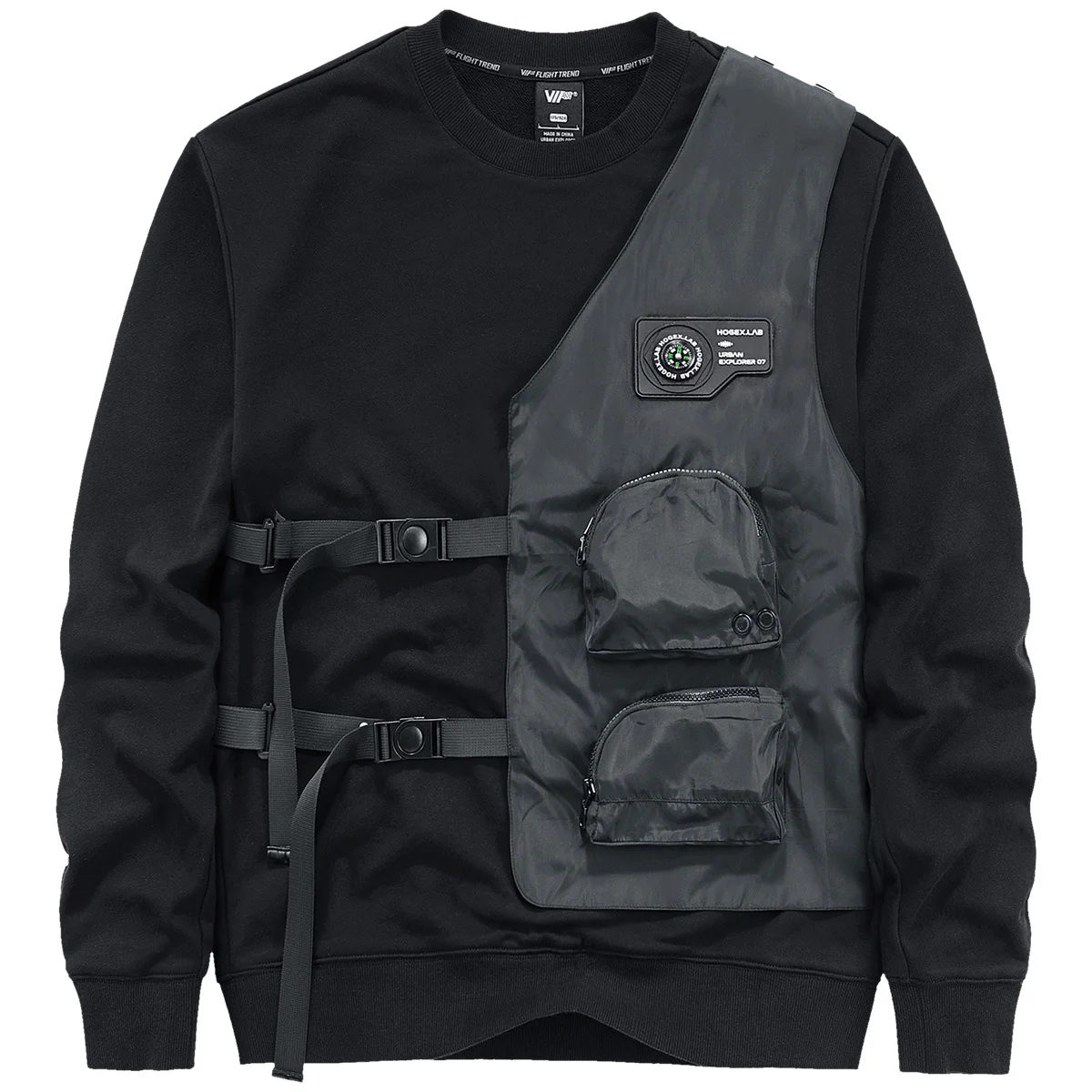 

Sweatshirt Functional Mens Style Techwear Multi-Pocket Detachable Vest Cargo Pullover Hip Hop Loose Tracksuit Male