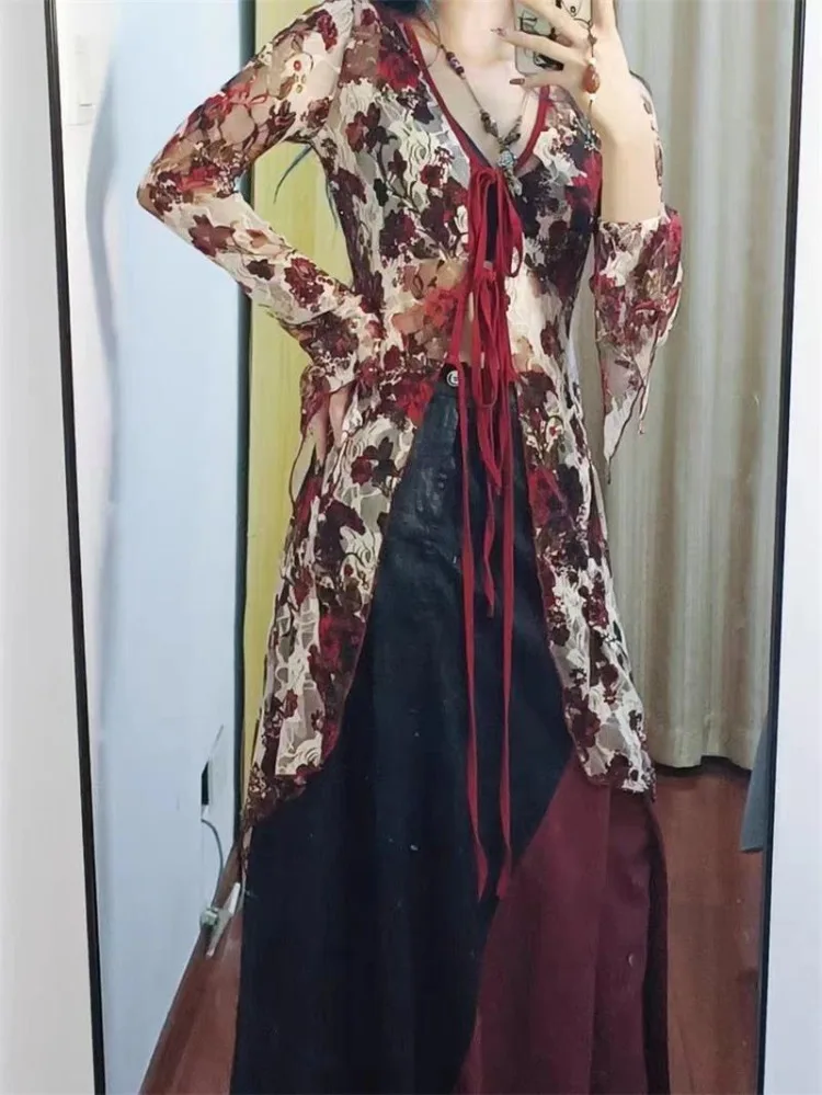 Женский винтажный кардиган средней длины с цветочным принтом