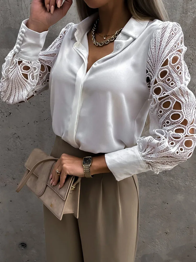 

Женская кружевная блузка с отложным воротником, длинным рукавом и пуговицами