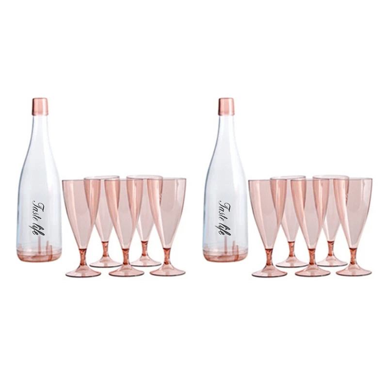 

10PC Plastic Wine Glasses Bar Goblet Champagne Glass Cold Drink Juice Glass Cocktail Stemware with Container-Pink
