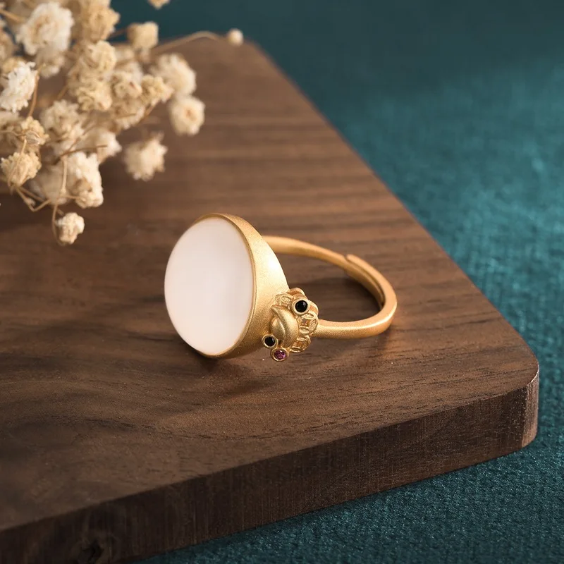 

China Style Copper Gold-Plated Inlaid White Round Hetian White Jade Ring Gold Ingot Vintage Opening Adjustable Rings for Women