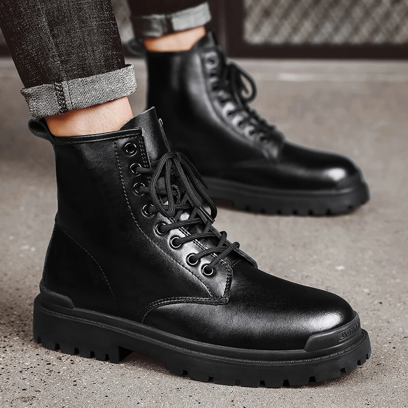 

Luxury Men Boots High Top Black Leather Boots Thick Bottom Military Tactical Boots Trendy Motorcycle Boots for Men Casual Boots