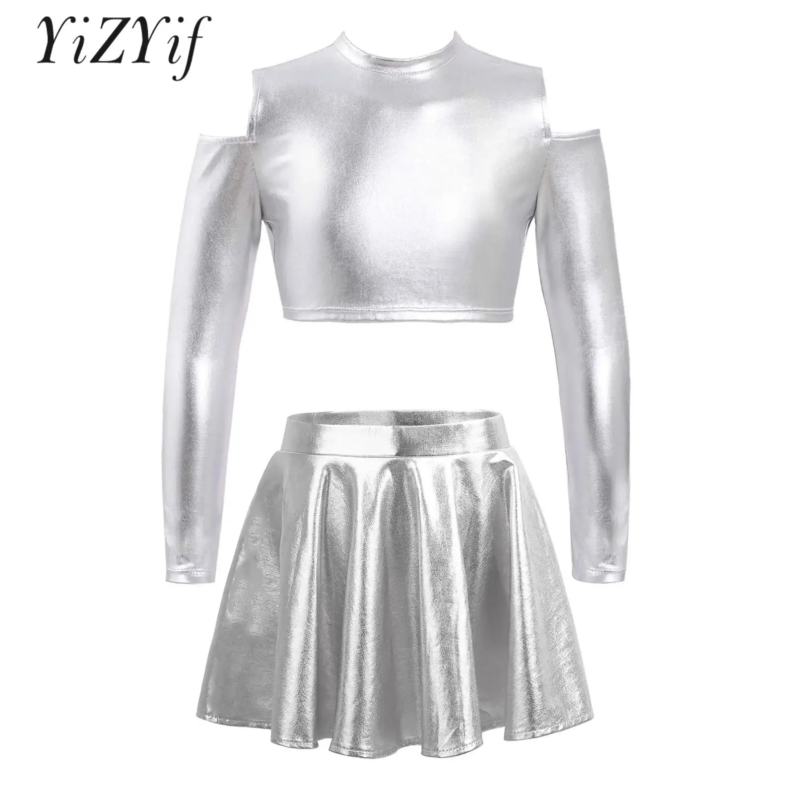 Детский танцевальный костюм для девочек блестящий металлический укороченный