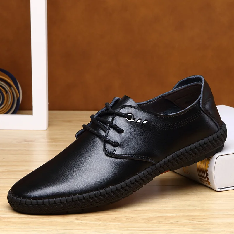

2022 Summer New Men's Breathable Casual Leather Shoes Dad Shoes Flat Lace-Up Strap Black Soft Surface Soft Sole Casual Shoes
