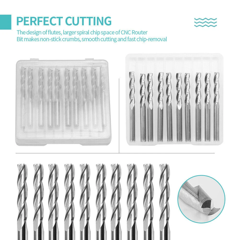 

10pcs 1/8" Shank Double Flute Spiral End Mill Carbide Milling Cutter CNC Flat Nose End Mill Engraving Router Bit Woodworking